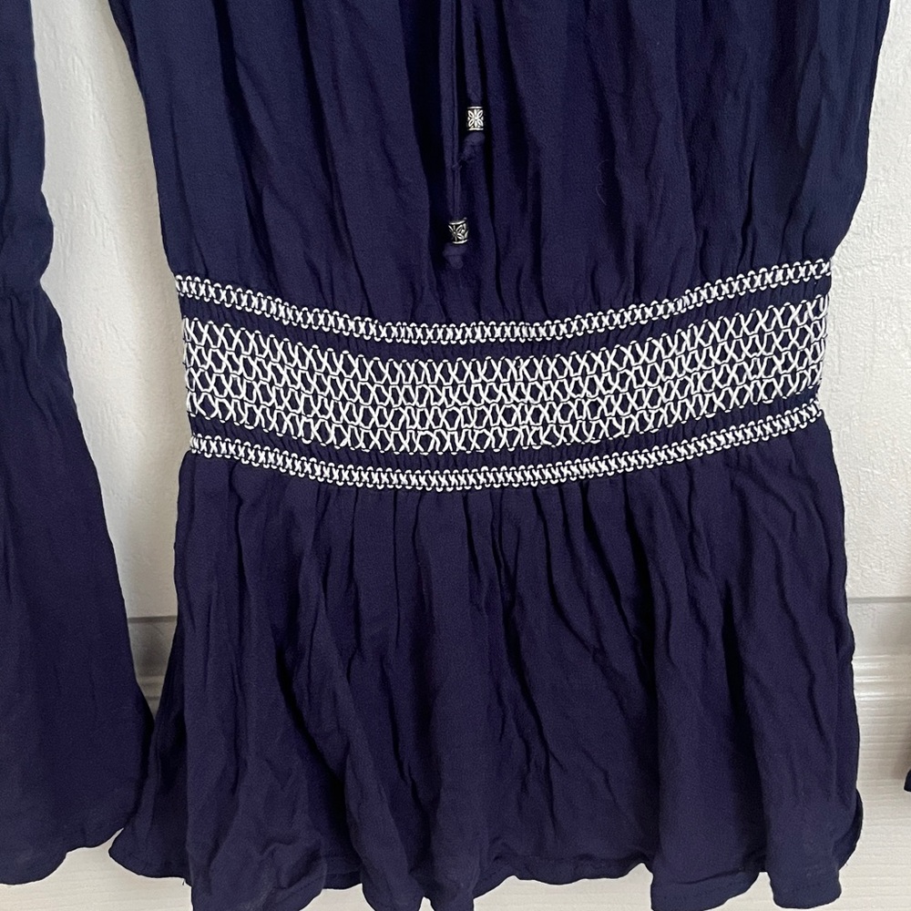 Double Zero Navy Blue Off-the-Shoulder Top with Bell Sleeves and Smocked Waist - Picture 2 of 4